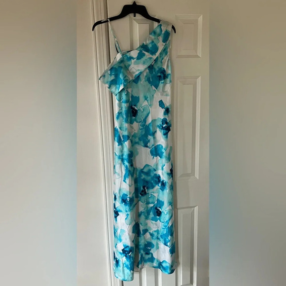 NWT Donna Karan Women's Blue Abstract Floral Printed One-Shoulder Draped Dress 6 - Picture 9 of 11